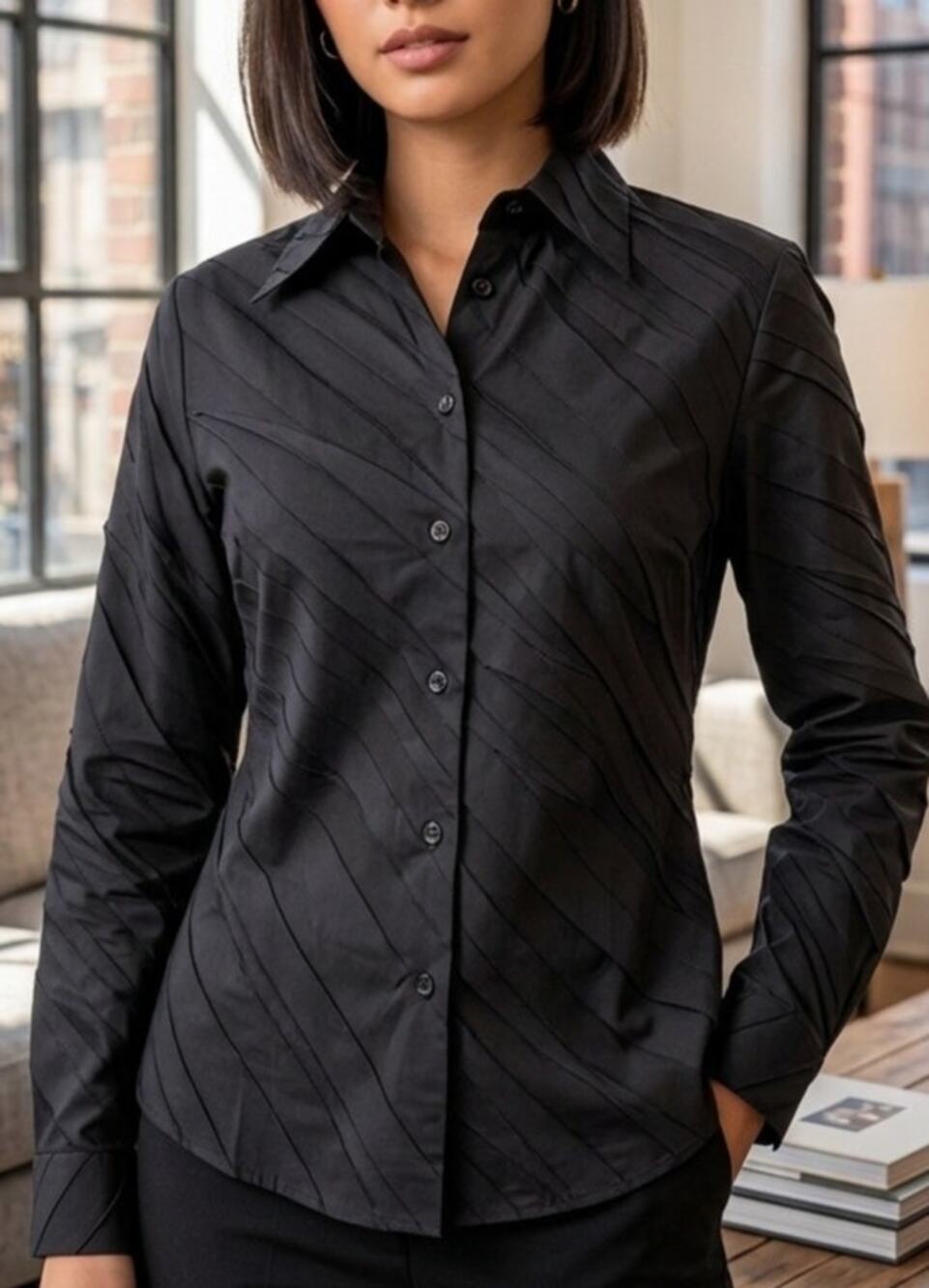 Samuel Dong Black Diagonal Textured Contemporary Pintuck Fitted Blouse